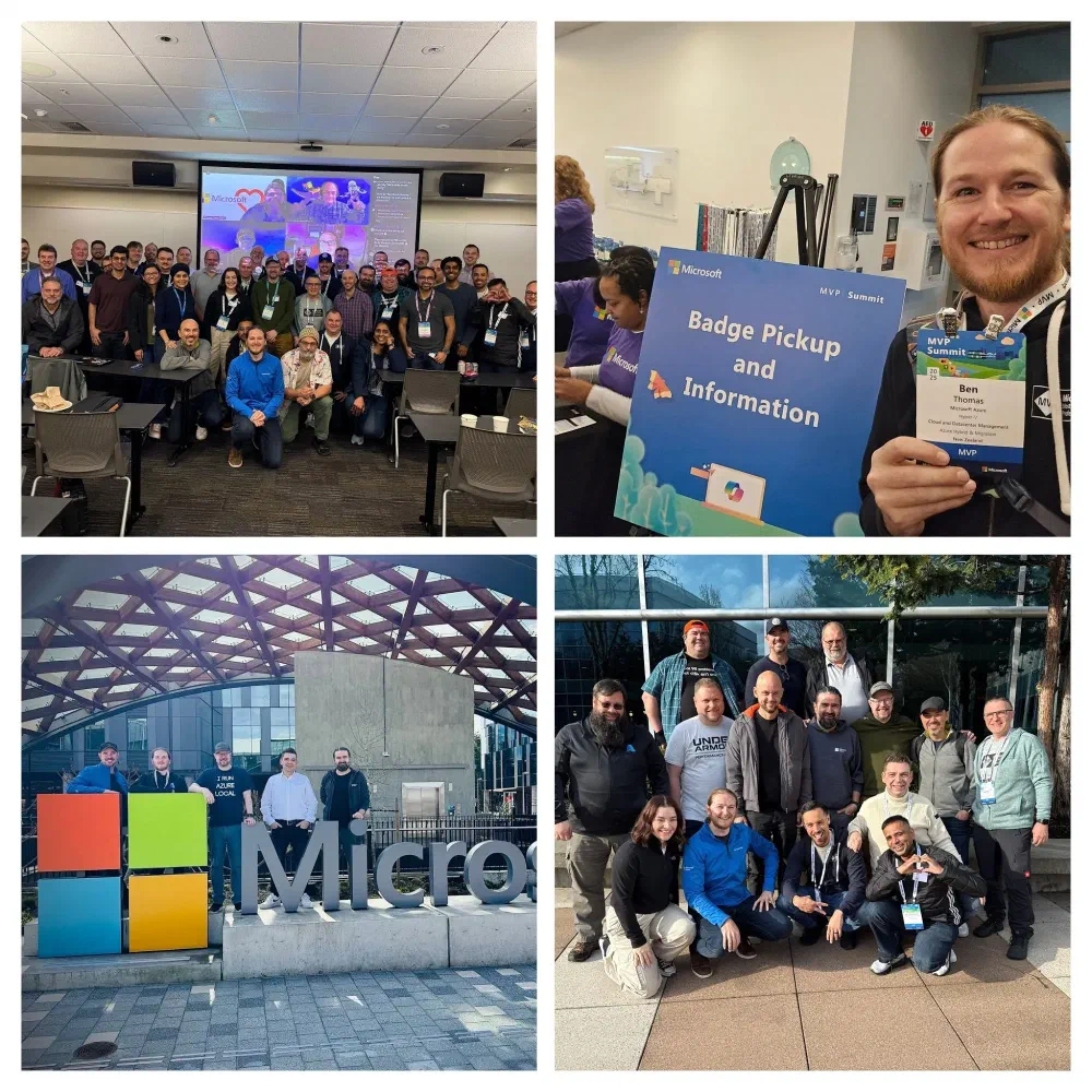 Collage of four images from the Microsoft MVP Summit, including group photos, a badge pickup sign, and the Microsoft logo.