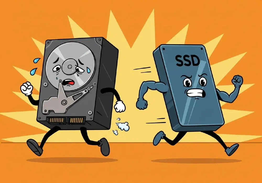 Cartoon of a stressed, old-fashioned hard drive being chased by a strong, modern SSD