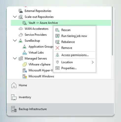 A screenshot of the Veeam Backup & Replication console under the Backup Infrastructure view. The user has expanded Scale-out Repositories and right-clicked on a scale-out backup repository named &ldquo;Vault -> Azure Archive&rdquo; to open its context menu. The option &ldquo;Run tiering job now&rdquo; is visible alongside other management options like Rescan, Rebalance, and Properties.